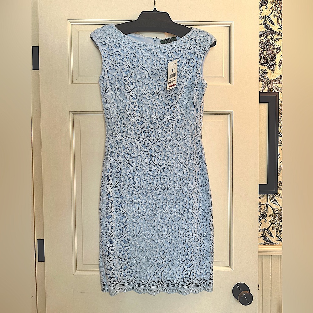 NWT PALE BLUE LACE LAUREN SHEATH DRESS, SZ 2